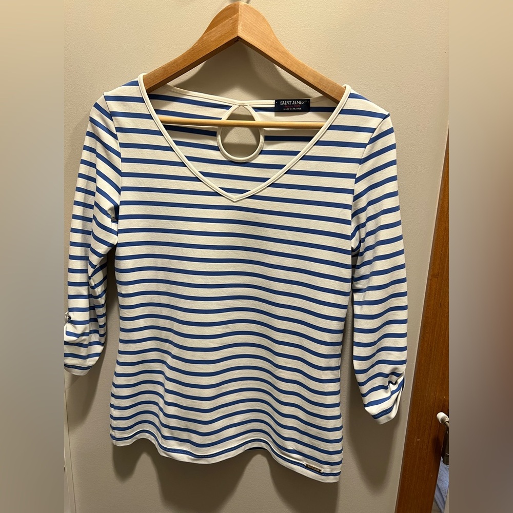 Saint James Blue and White Striped VNeck Breton Top